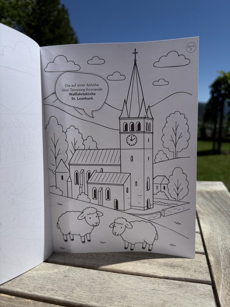 Malbuch-Seite mit der Wallfahrtskirche St. Leonhard
