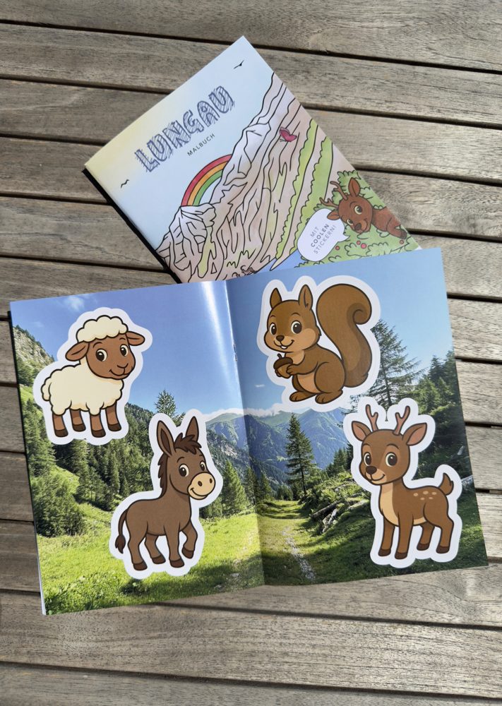 Sticker-Seite des Malbuchs mit Tieren aus der Region